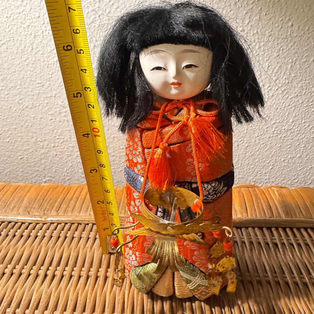 Vintage Japanese Kimekomi Doll Traditional Orange Kimono‎ Accents 7 inch 70's - Picture 2 of 15